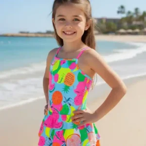 Vestido de baño para niña, manga larga con motivos tropicales